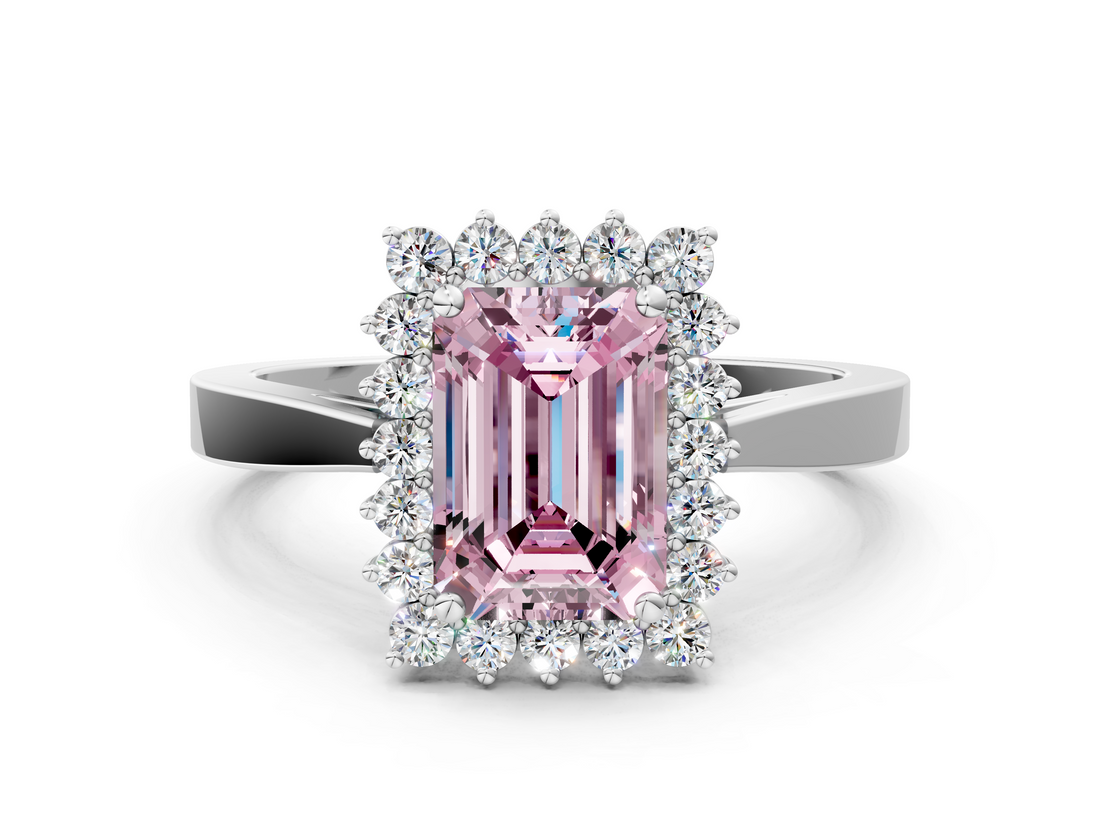 White gold Fancy Pink Emerald  Cut Diamond Halo Ring with Round Brilliant Halo and Solitaire Band_87