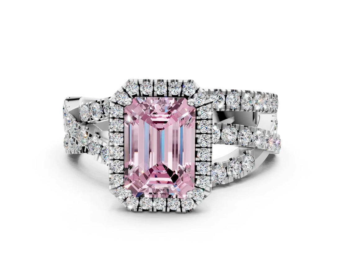 White gold Fancy Pink Emerald Cut Diamond Halo Ring with Round Split Shank and Prong Setting_66