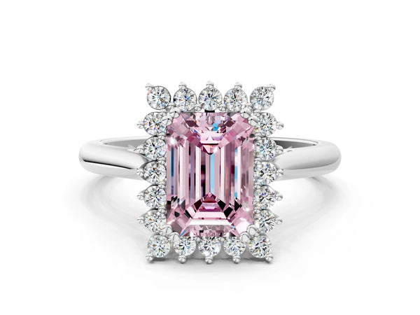 Platinum Fancy Pink Emerald  Cut Diamond Halo Ring with Solitaire Band and Prong Setting