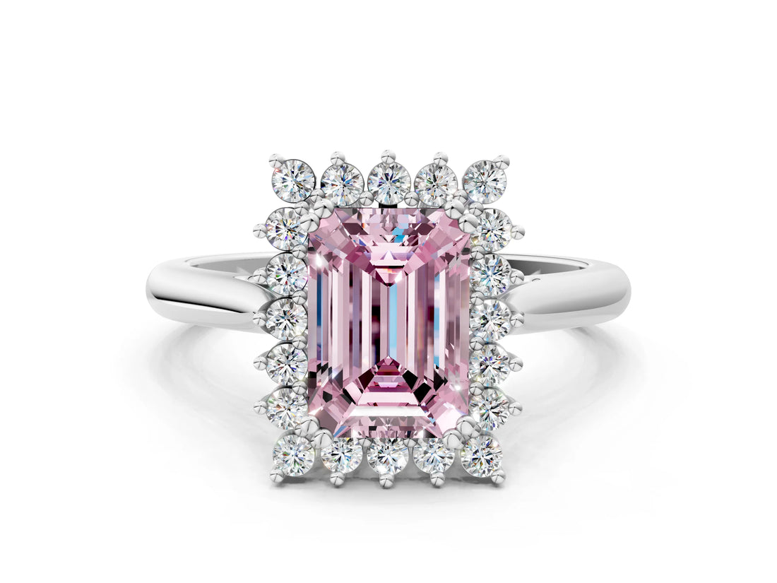 White gold Fancy Pink Emerald  Cut Diamond Halo Ring with Solitaire Band and Prong Setting_53
