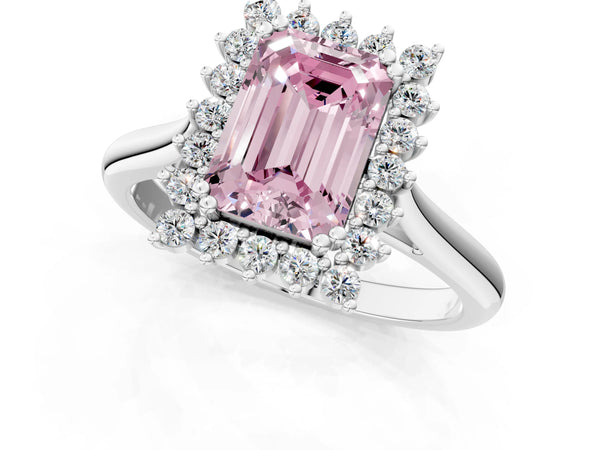 Platinum Fancy Pink Emerald  Cut Diamond Halo Ring with Solitaire Band and Prong Setting