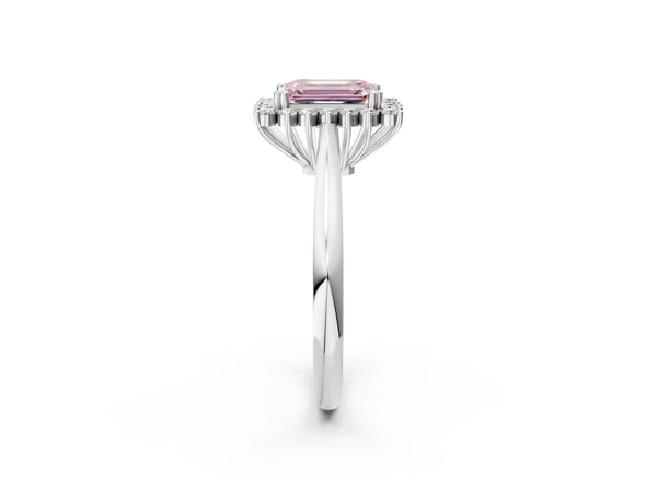 Platinum Fancy Pink Emerald  Cut Diamond Halo Ring with Solitaire Band and Prong Setting