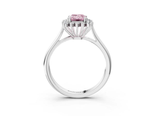 Platinum Fancy Pink Emerald  Cut Diamond Halo Ring with Solitaire Band and Prong Setting