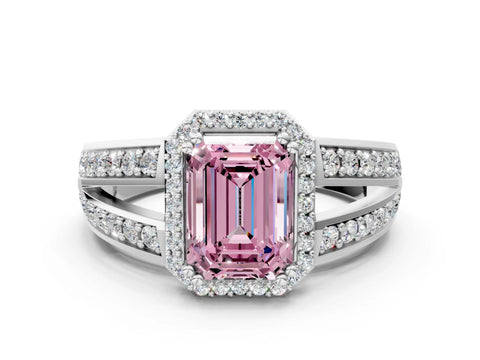 White gold Fancy Pink Emerald Cut Diamond Halo Ring with Split Shank Pavé Band and Four-Prong Setting_12