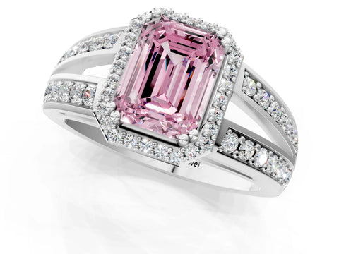 White gold Fancy Pink Emerald Cut Diamond Halo Ring with Split Shank Pavé Band and Four-Prong Setting_13