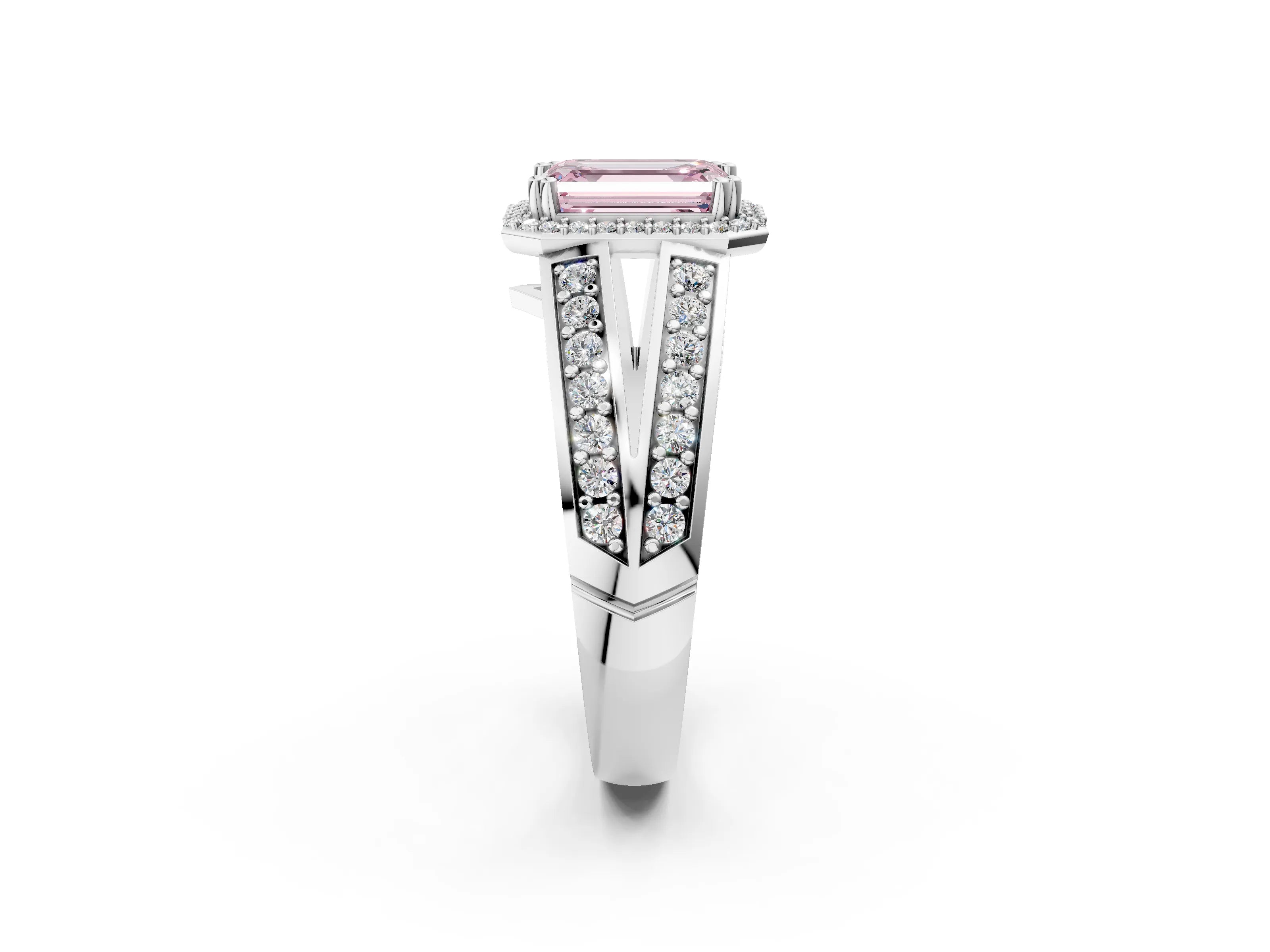 White gold Fancy Pink Emerald Cut Diamond Halo Ring with Split Shank Pavé Band and Four-Prong Setting_14