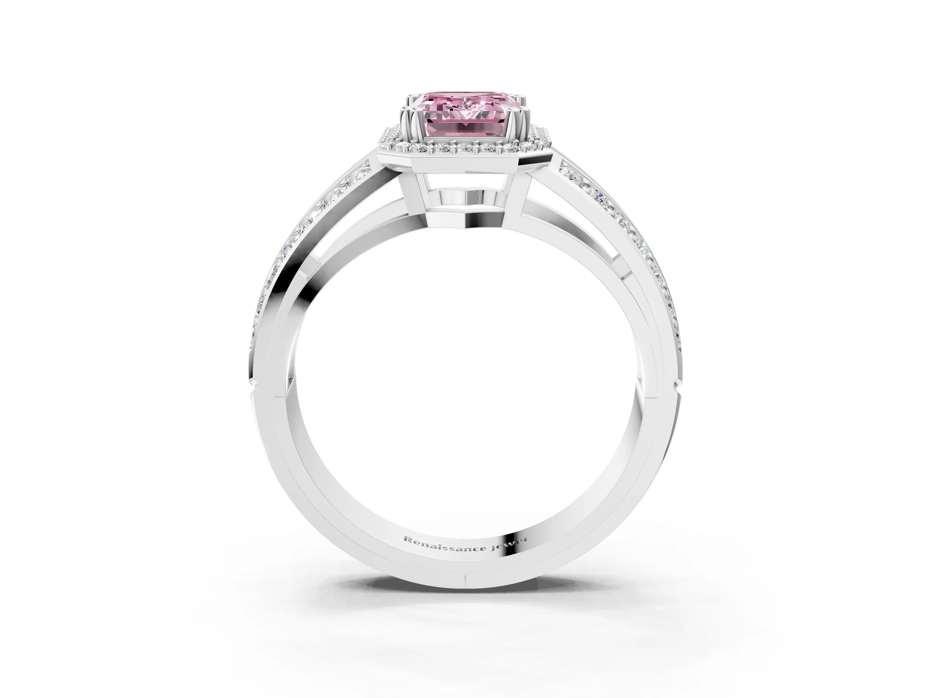 White gold Fancy Pink Emerald Cut Diamond Halo Ring with Split Shank Pavé Band and Four-Prong Setting_15