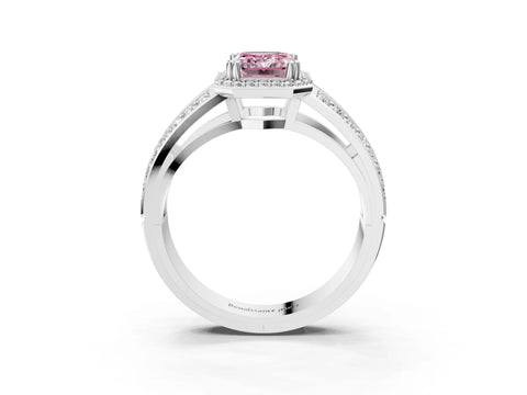 White gold Fancy Pink Emerald Cut Diamond Halo Ring with Split Shank Pavé Band and Four-Prong Setting_15