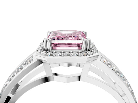 White gold Fancy Pink Emerald Cut Diamond Halo Ring with Split Shank Pavé Band and Four-Prong Setting_16
