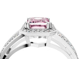 White gold Fancy Pink Emerald Cut Diamond Halo Ring with Split Shank Pavé Band and Four-Prong Setting_16