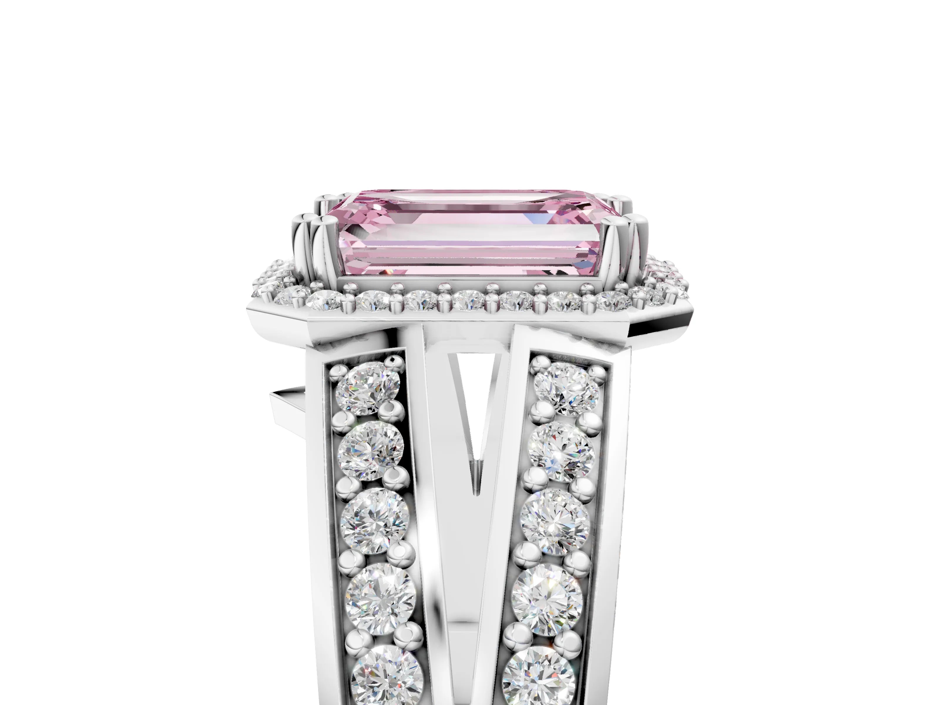White gold Fancy Pink Emerald Cut Diamond Halo Ring with Split Shank Pavé Band and Four-Prong Setting_17