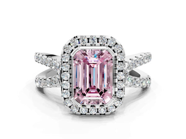 Platinum Fancy Pink Emerald Cut Diamond Halo Ring with Split Shank Pavé Band and Prong Setting