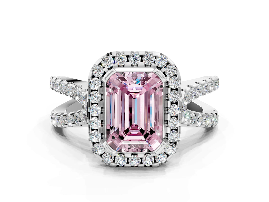 White gold Fancy Pink Emerald Cut Diamond Halo Ring with Split Shank Pavé Band and Prong Setting_79