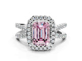 White gold Fancy Pink Emerald Cut Diamond Halo Ring with Split Shank Pavé Band and Prong Setting_79