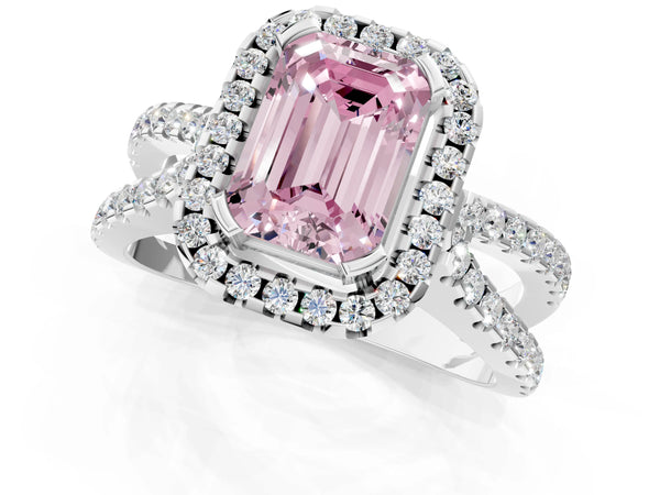 Platinum Fancy Pink Emerald Cut Diamond Halo Ring with Split Shank Pavé Band and Prong Setting