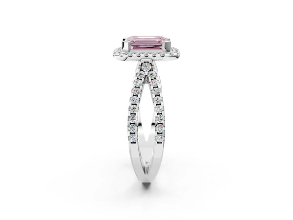 Platinum Fancy Pink Emerald Cut Diamond Halo Ring with Split Shank Pavé Band and Prong Setting
