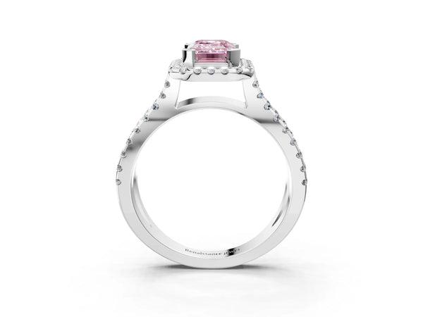 Platinum Fancy Pink Emerald Cut Diamond Halo Ring with Split Shank Pavé Band and Prong Setting