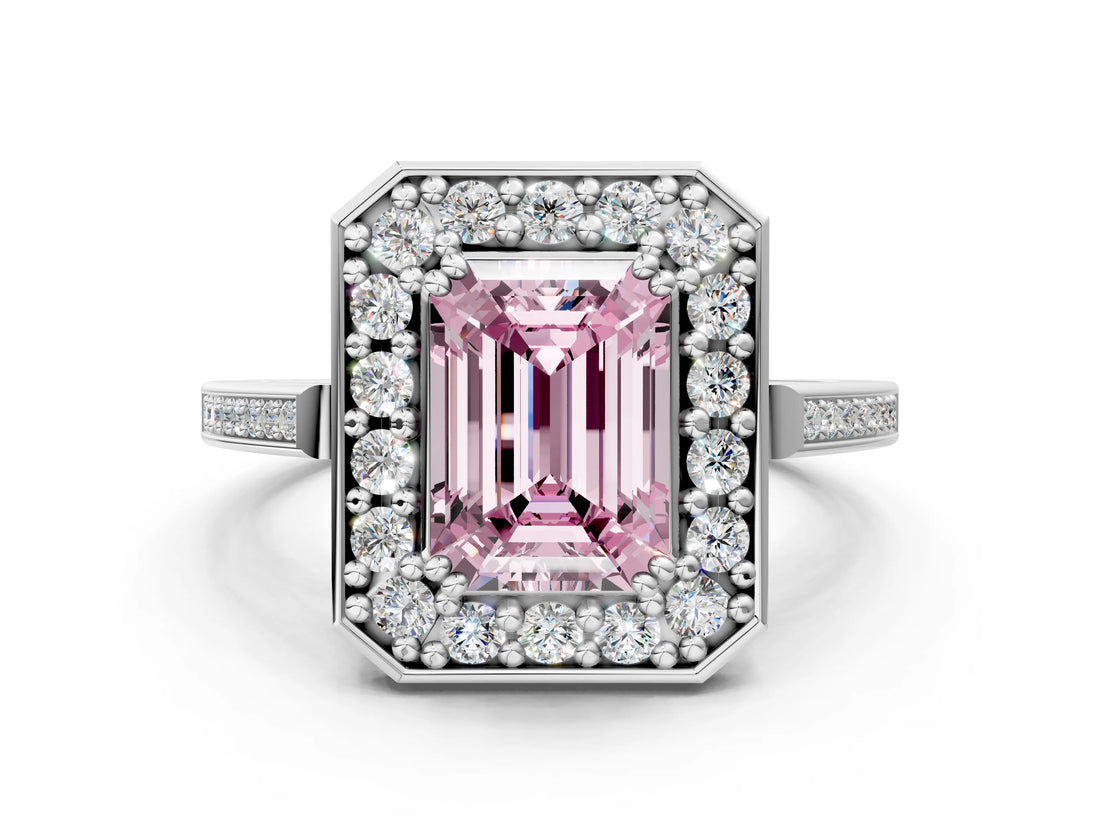 White gold Fancy Pink Emerald Cut Diamond Halo Ring with Split Shank and Four-Prong Setting_47