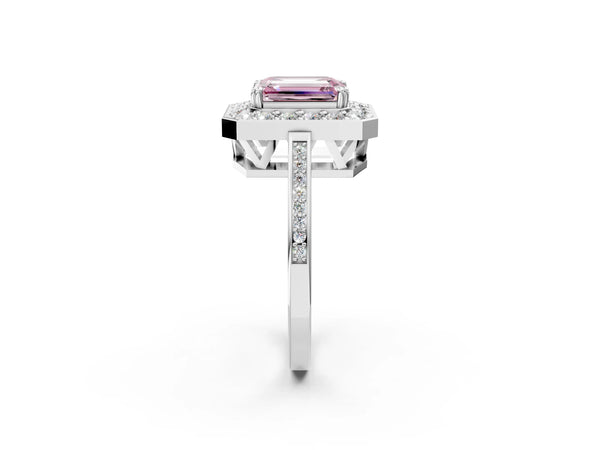 White gold Fancy Pink Emerald Cut Diamond Halo Ring with Split Shank and Four-Prong Setting