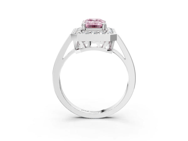 White gold Fancy Pink Emerald Cut Diamond Halo Ring with Split Shank and Four-Prong Setting
