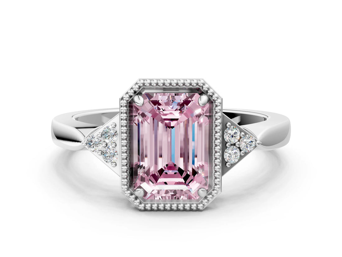 White gold Fancy Pink Emerald Cut Diamond Halo Ring with Tapered Band and Four-Prong Setting_19