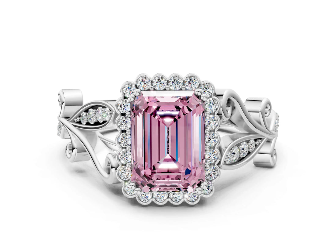 White gold Fancy Pink Emerald Cut Diamond Halo Ring with Vintage Split Shank and Four-Prong Setting_109