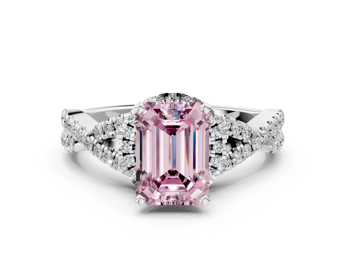 White gold Fancy Pink Emerald Cut Diamond  Halo Twist Band Solitaire Prong Setting Ring_15
