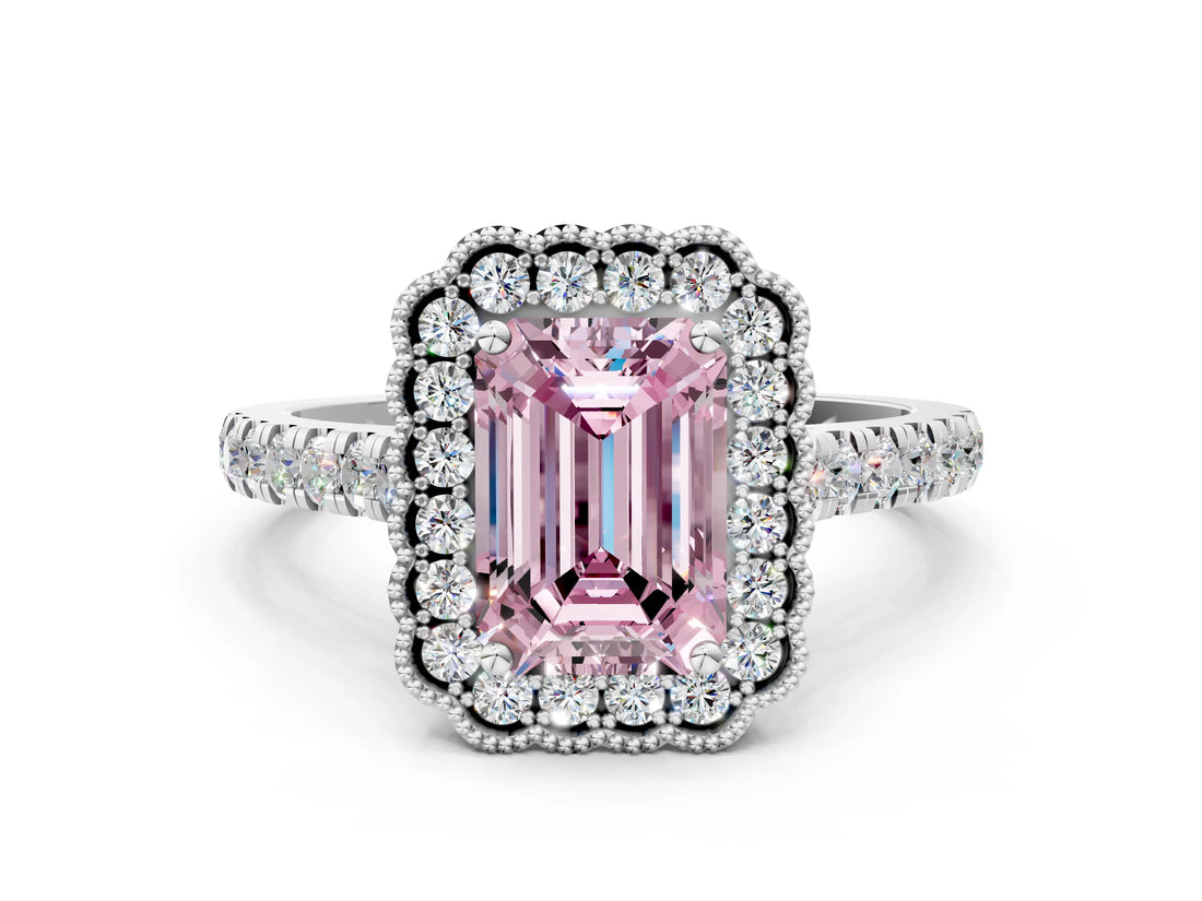 White gold Fancy Pink Emerald  Cut Diamond Milgrain Floral Halo Engagement Ring with Pavé Band_15