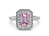 White gold Fancy Pink Emerald  Cut Diamond Milgrain Floral Halo Engagement Ring with Pavé Band_15