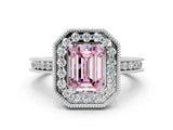 White gold Fancy Pink Emerald Cut Diamond Milgrain Halo Engagement Ring with Round Pavé Band and Prong Setting_12