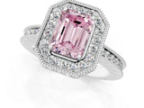 White gold Fancy Pink Emerald Cut Diamond Milgrain Halo Engagement Ring with Round Pavé Band and Prong Setting_13