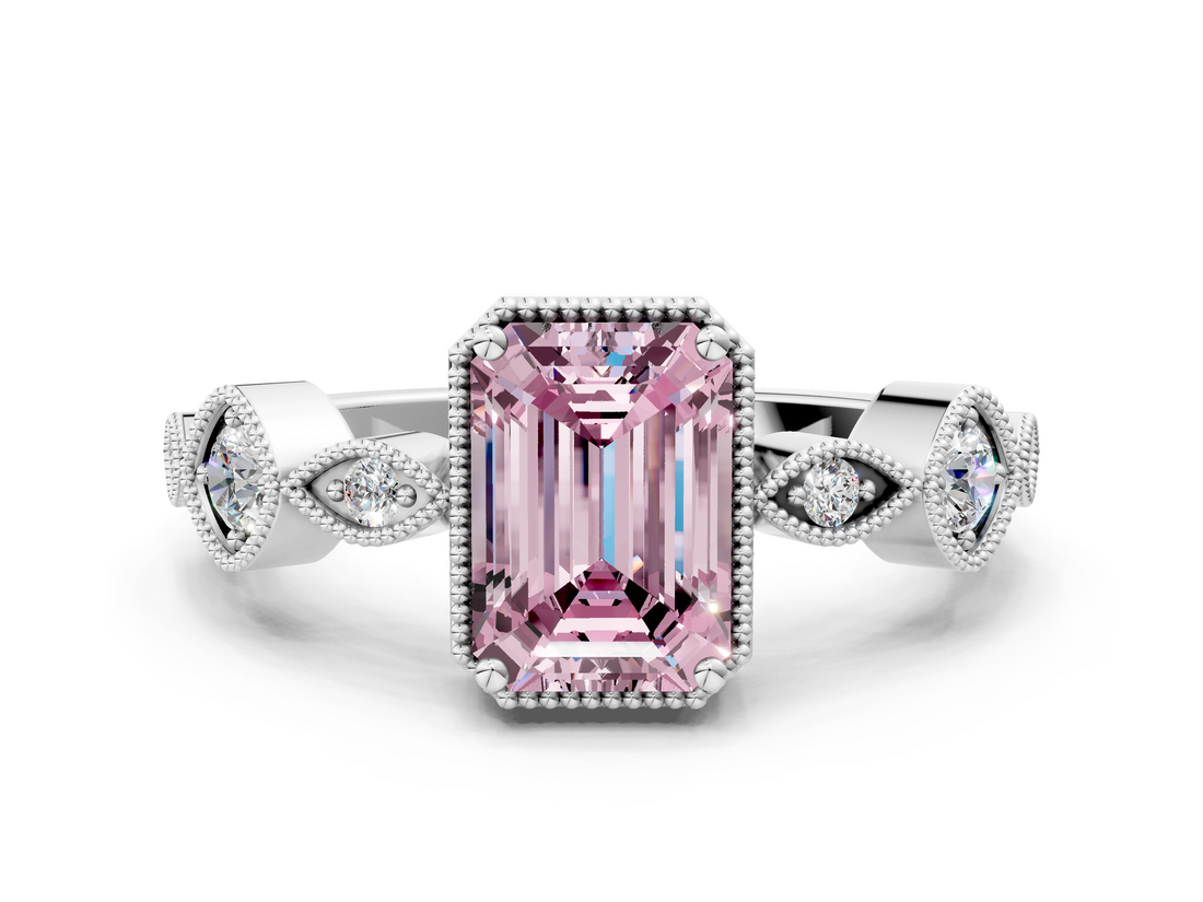 White gold Fancy Pink Emerald  Cut Diamond Milgrain Marquise Band with Prong Setting_3