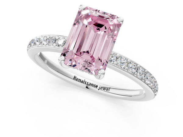 White gold Fancy Pink Emerald  Cut Diamond Pavé Band Ring with Four-Prong Setting