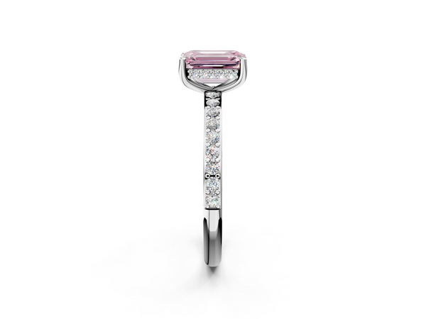 White gold Fancy Pink Emerald  Cut Diamond Pavé Band Ring with Four-Prong Setting