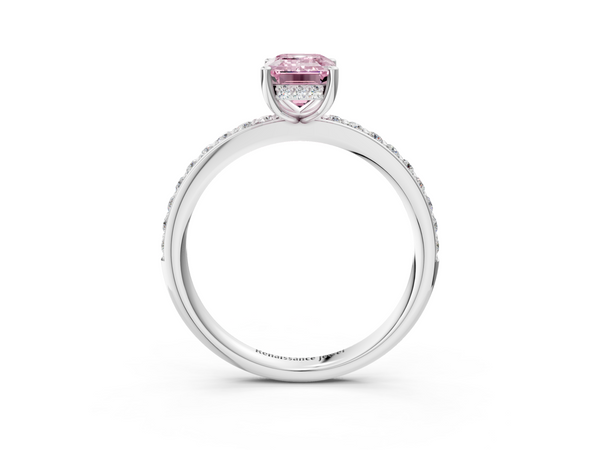 White gold Fancy Pink Emerald  Cut Diamond Pavé Band Ring with Four-Prong Setting