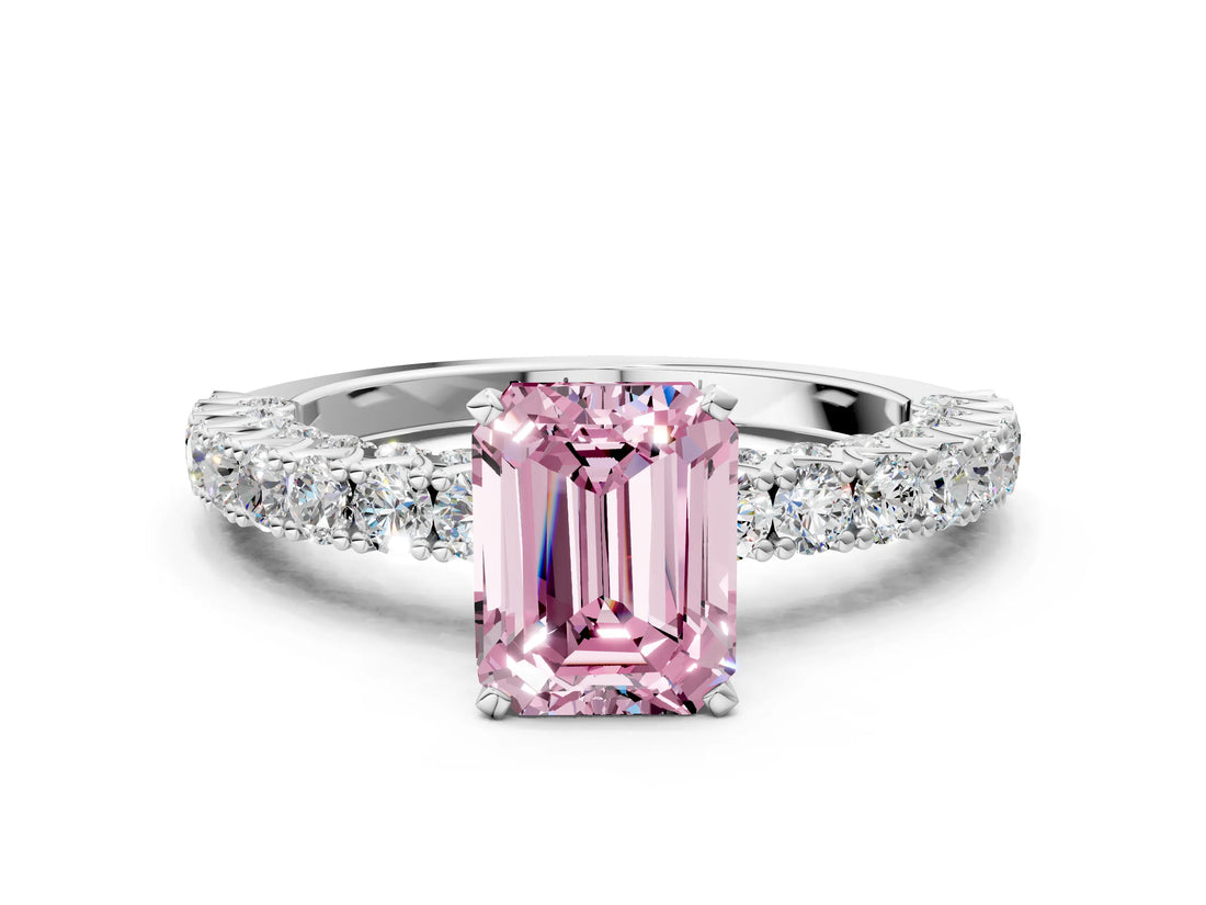 White gold Fancy Pink Emerald Cut Diamond Pavé Band Solitaire Ring with Prong Setting_105