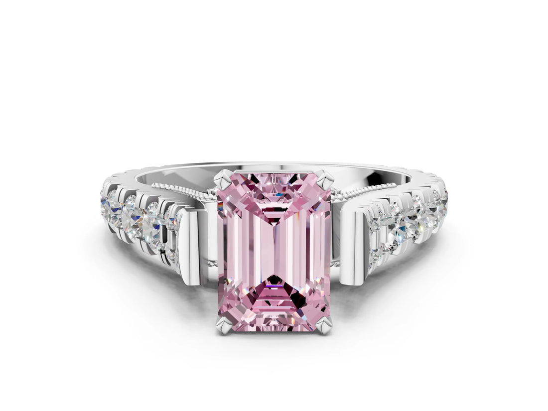 White gold Fancy Pink Emerald  Cut Diamond Pavé Band Solitaire with Four-Prong Setting_37