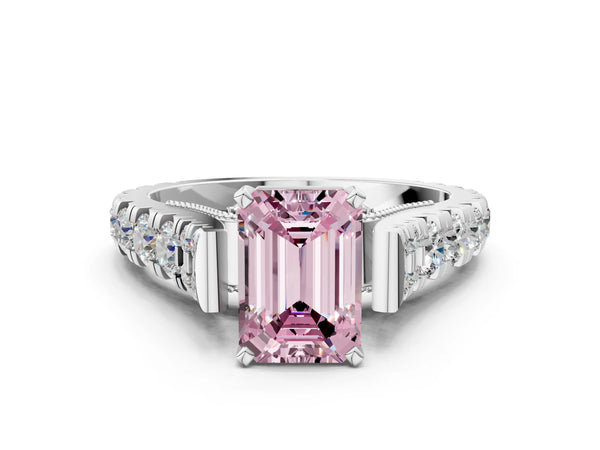 Platinum Fancy Pink Emerald Cut Diamond Classic Solitaire Ring with Pavé Band and Four-Prong Setting