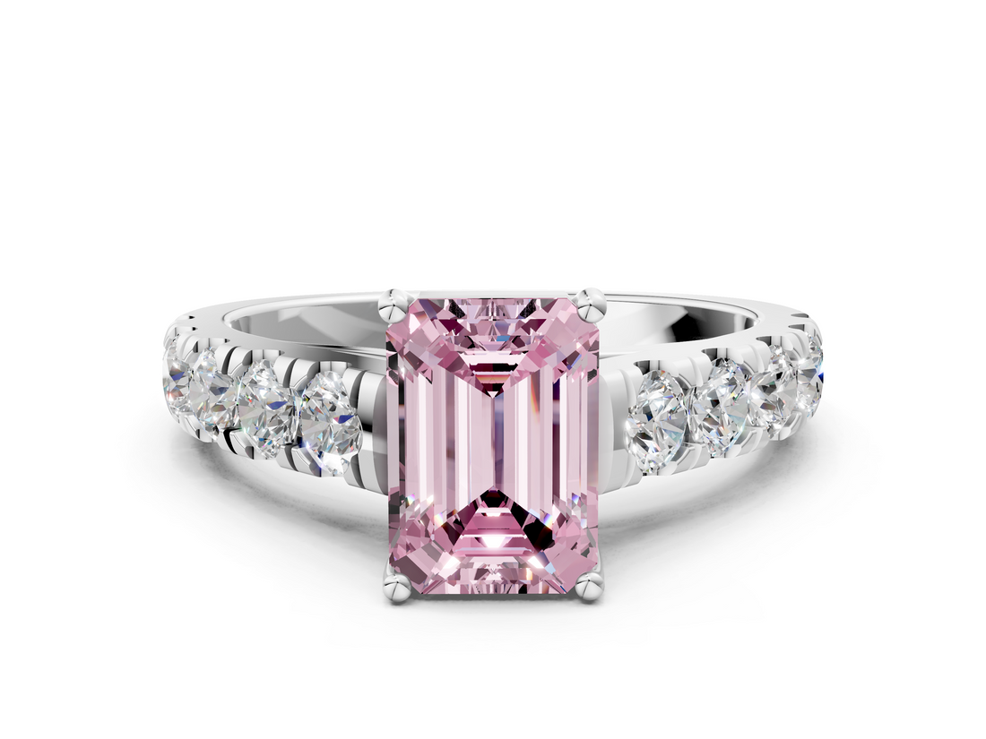 White gold Fancy Pink Emerald  Cut Diamond Pavé Band Solitaire with Four-Prong Setting_3
