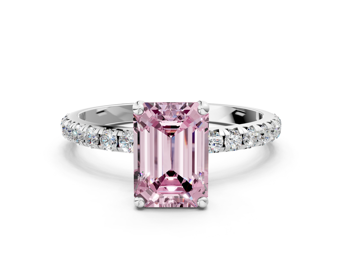 White gold Fancy Pink Emerald  Cut Diamond Pavé Band Solitaire with Four-Prong Setting_3