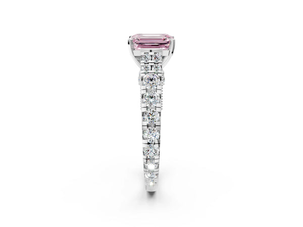 Platinum Fancy Pink Emerald Cut Diamond Classic Solitaire Ring with Pavé Band and Four-Prong Setting