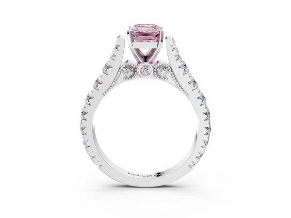 Platinum Fancy Pink Emerald Cut Diamond Classic Solitaire Ring with Pavé Band and Four-Prong Setting