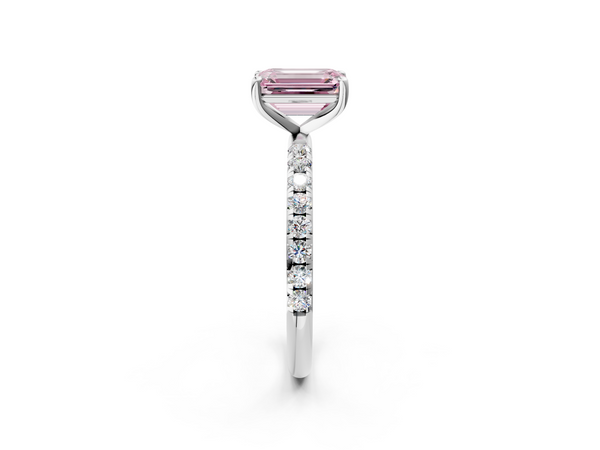 Platinum Fancy Pink Emerald  Cut Diamond Solitaire Ring with Micro Pave Band and Four Prong Setting