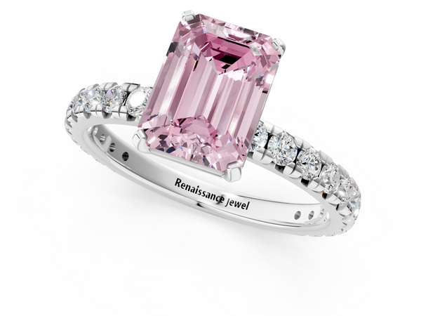 White gold Fancy Pink Emerald  Cut Diamond Pavé Band with Four-Prong Setting