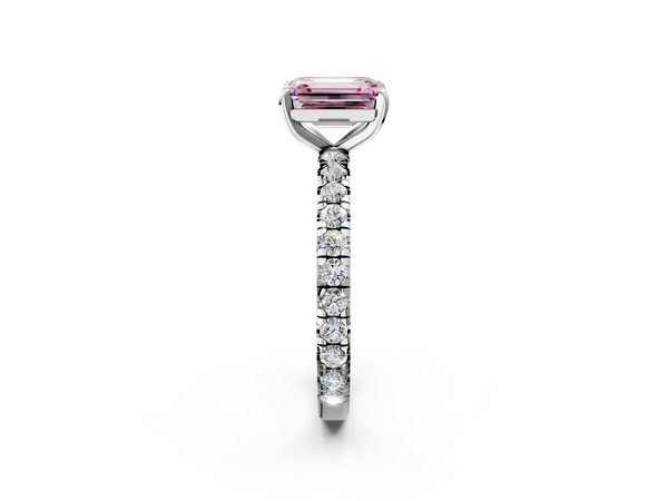 White gold Fancy Pink Emerald  Cut Diamond Pavé Band with Four-Prong Setting