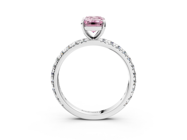 White gold Fancy Pink Emerald  Cut Diamond Pavé Band with Four-Prong Setting