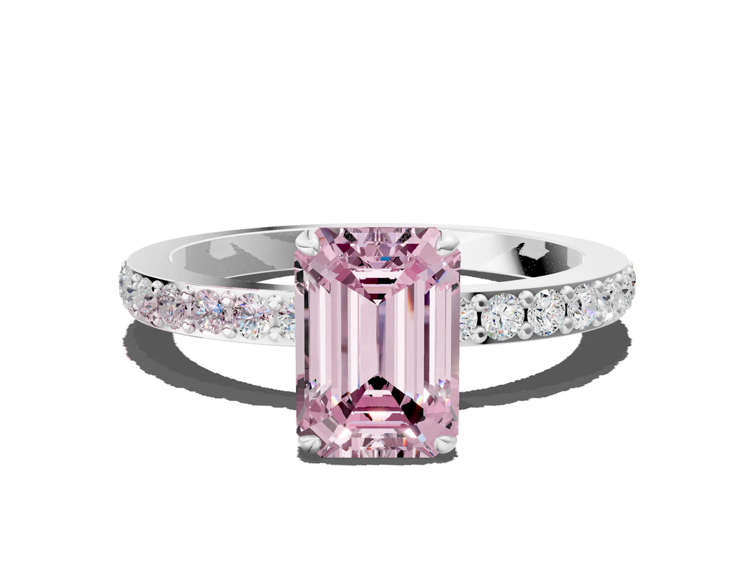 White gold Fancy Pink Emerald Cut Diamond Pavé Engagement Ring with Round  Accents and Prong Setting_119
