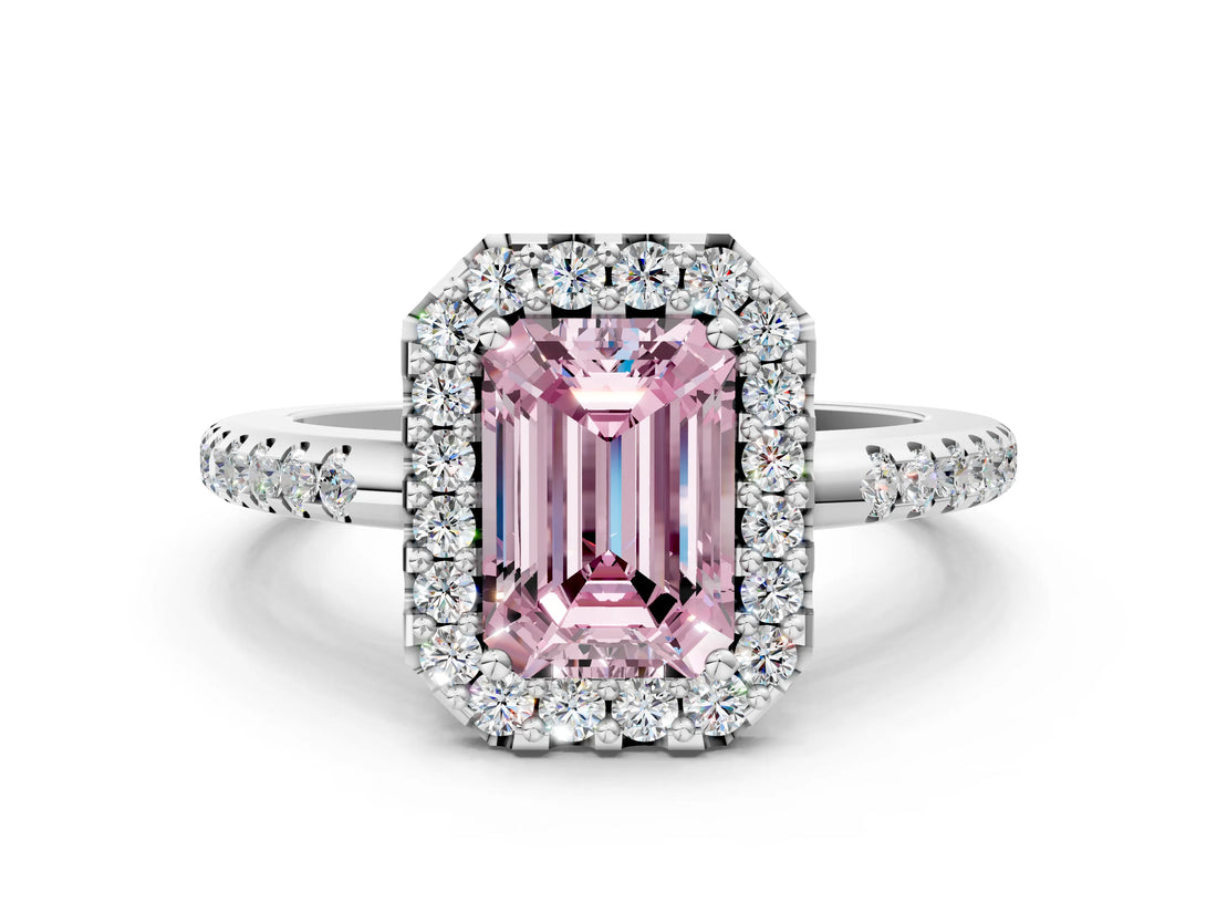 White gold Fancy Pink Emerald Cut Diamond Pavé Halo Ring with Four-Prong Setting_47