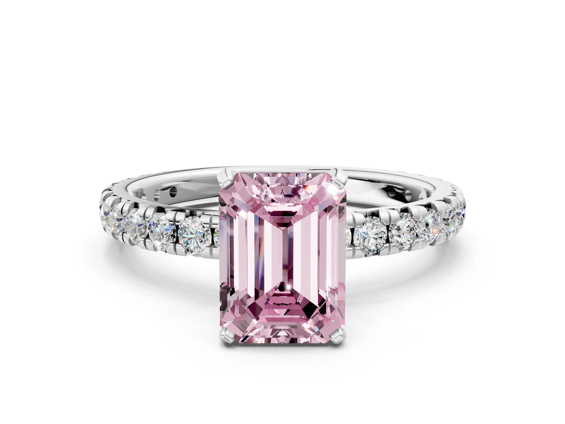White gold Fancy Pink Emerald Cut Diamond Pavé Solitaire Ring with Round Band and Prong Setting_14