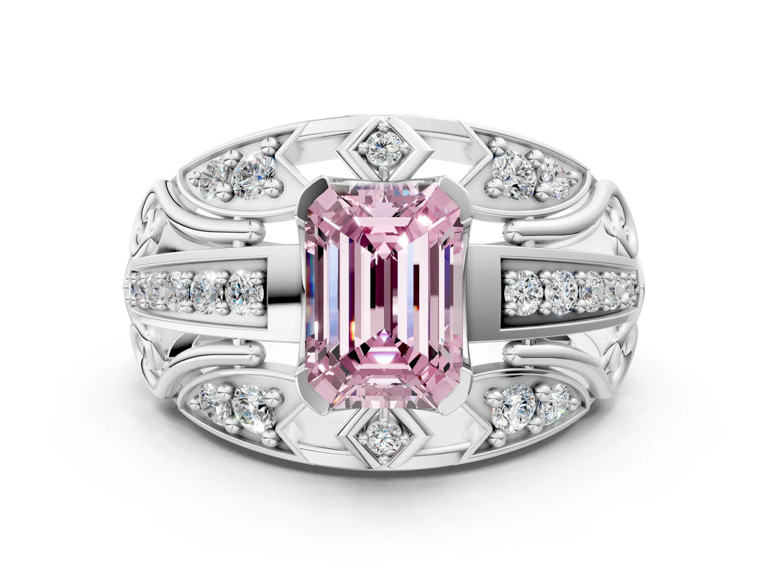 White gold Fancy Pink Emerald Cut Diamond Pave Art Deco Split Shank Ring with Four-Prong Setting